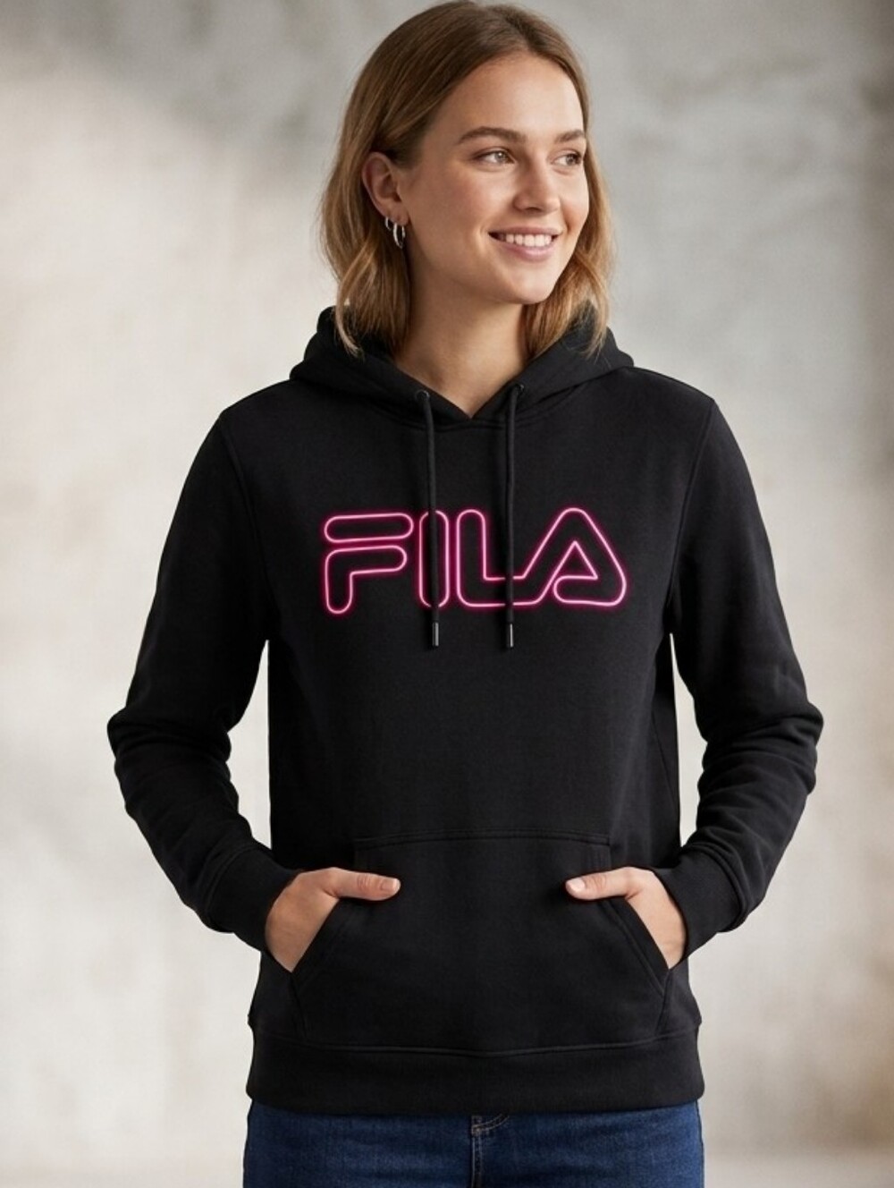 Fila Women’s Black Hoodie with Pink Logo Outline